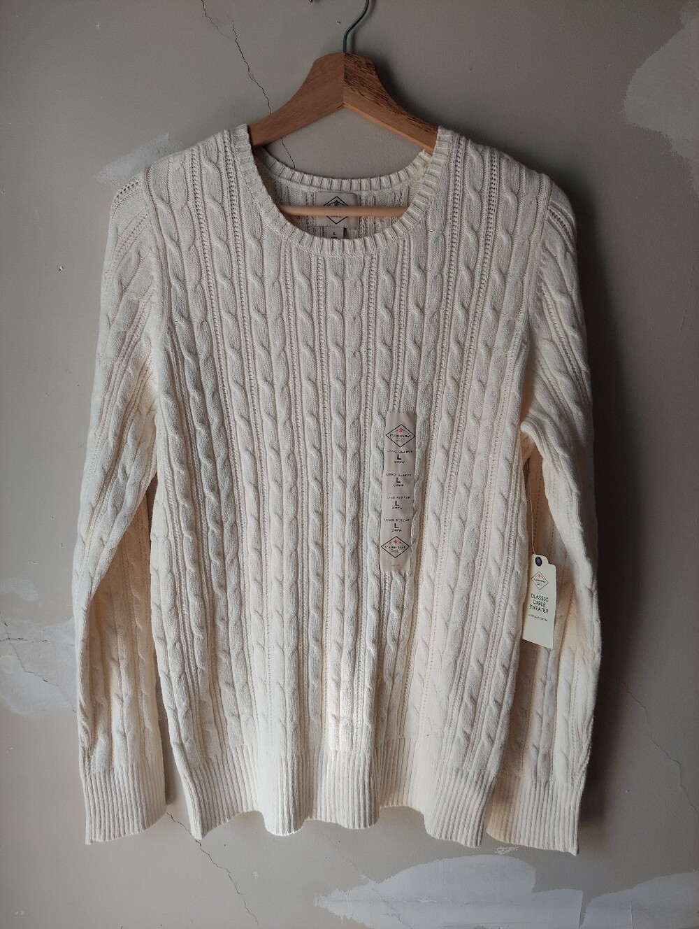 Classic Cable Knit Crewneck Sweater - Cream NWT St. Johns Bay Large Cotton Nylon